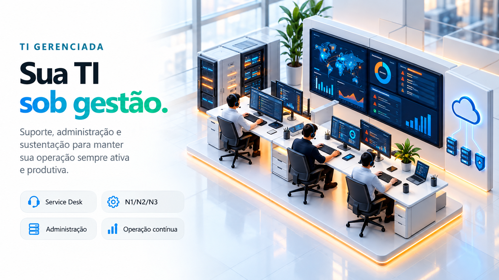 Ilustração isométrica: Empresa, rede e servidores integrados à gestão de TI.