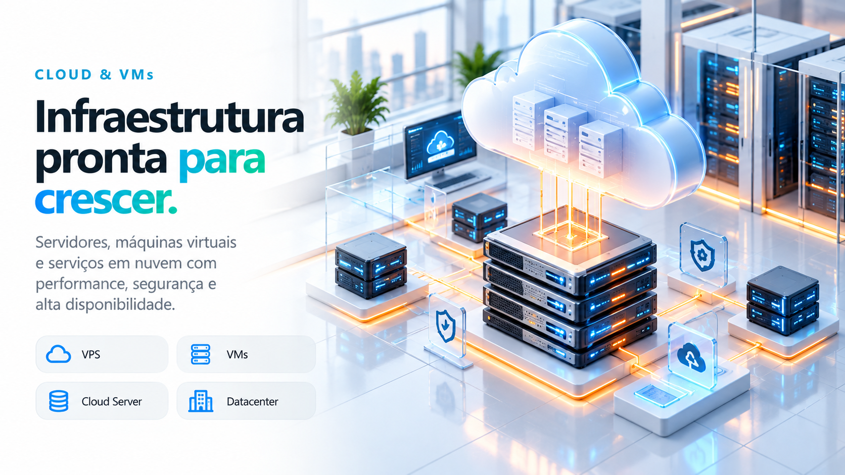Ilustração isométrica: Datacenter, nuvem e máquinas virtuais.