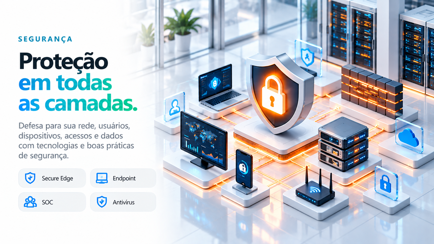 Ilustração isométrica: Firewall, dispositivos e conexões protegidas.