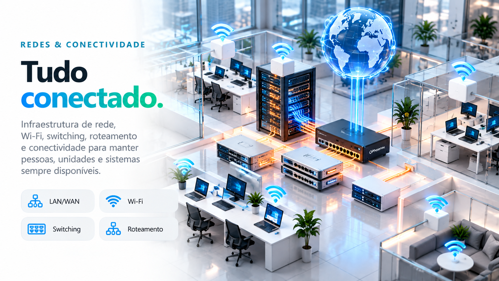 Ilustração isométrica: Infraestrutura de redes e Wi-Fi corporativo.