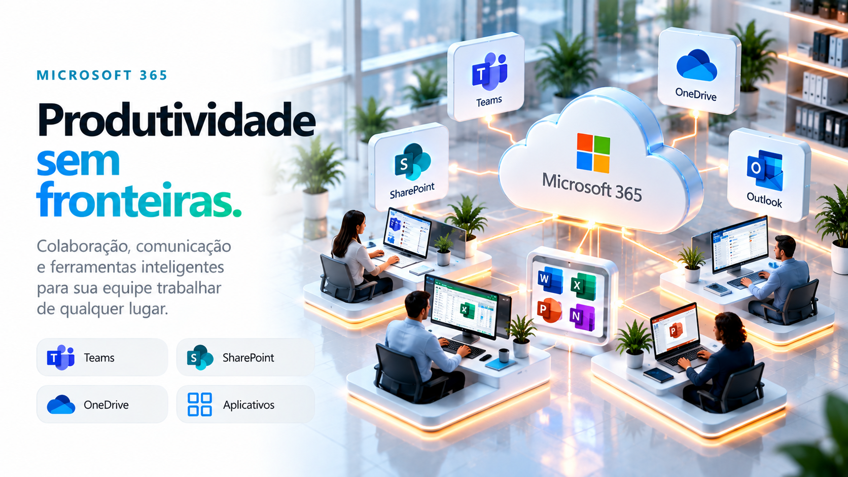 Ilustração isométrica: Colaboração com Microsoft 365, Teams, SharePoint e OneDrive.