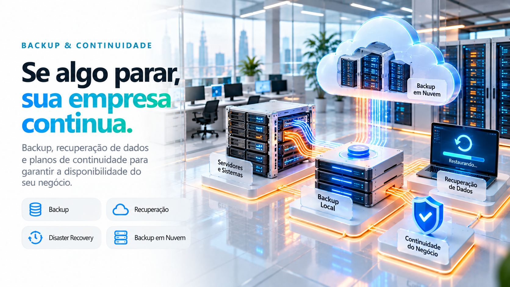 Ilustração isométrica: Backup de servidores e dados com recuperação em nuvem.